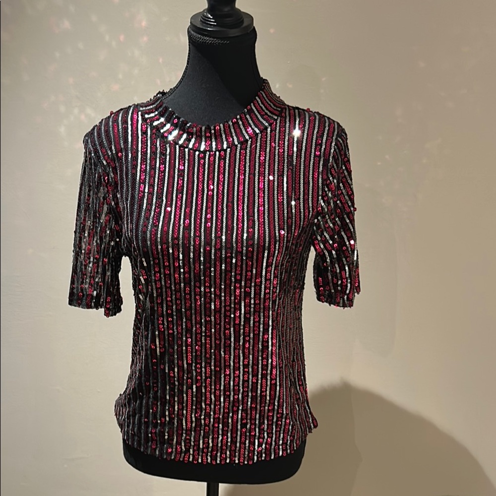 Suzy Shier Black and Red Sequin Party Top